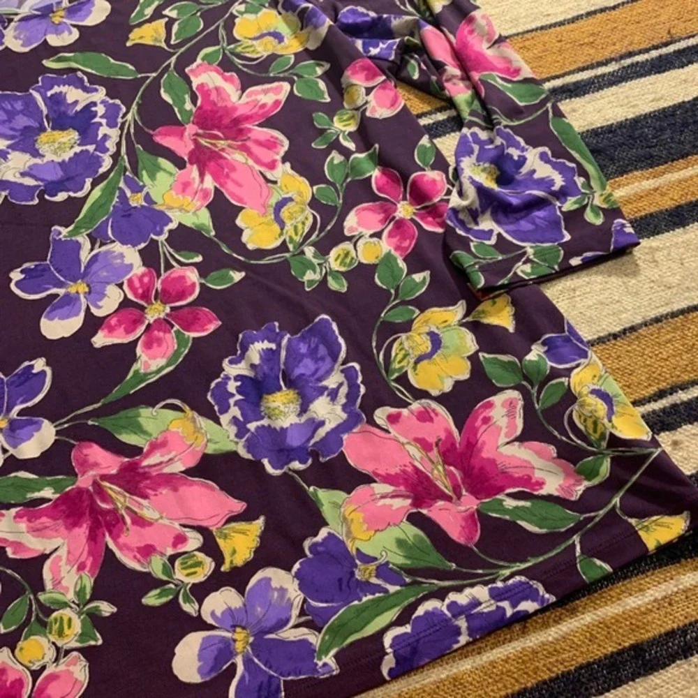 Susan Graver Womens XL Purple‎ Floral Print Ruffled Sleeve Top Cottage Spring